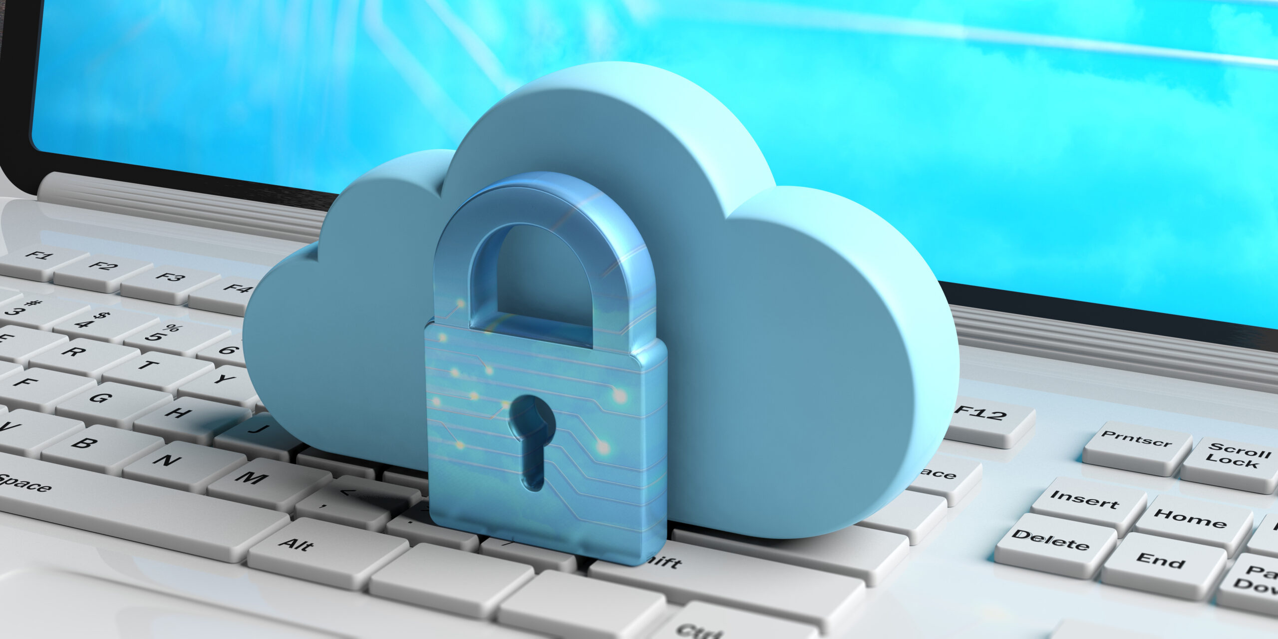 Cloud computing and cyber security, data protective shield. Blue cloud and padlock on a computer laptop keyboard. 3d illustration